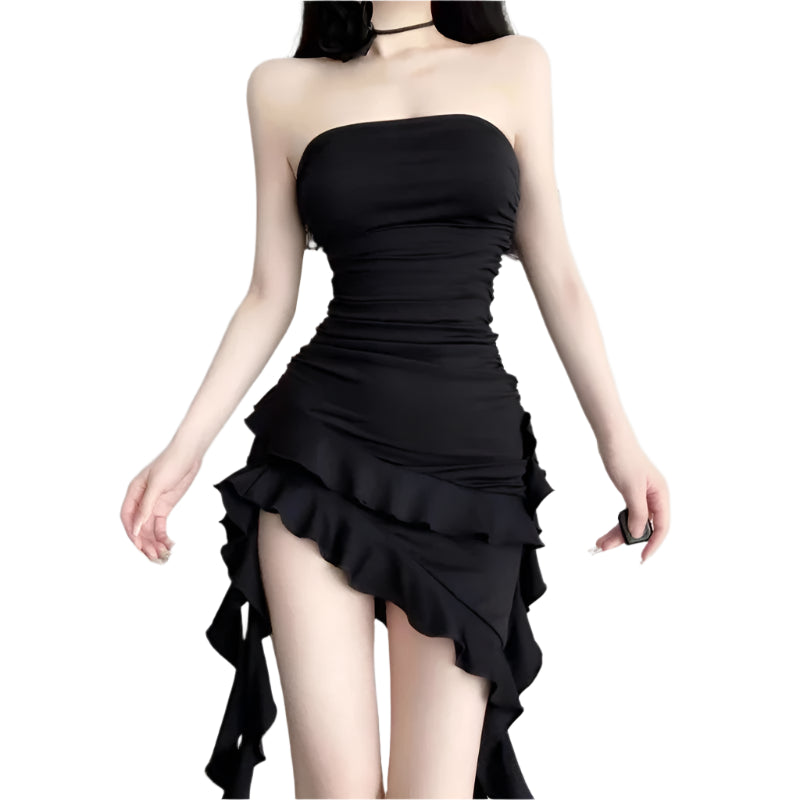Dress with flounced hem, fitted bustier, asymmetrical, chic evening