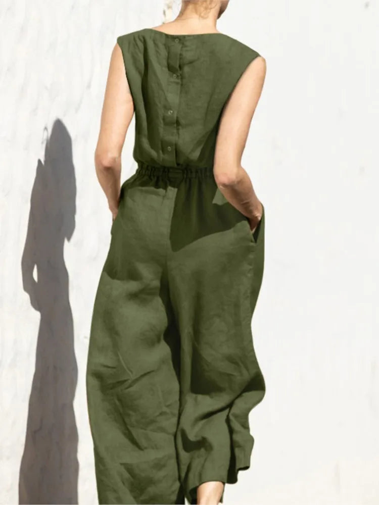 Combinaison en lin ample sans manches poches taille haute fluide