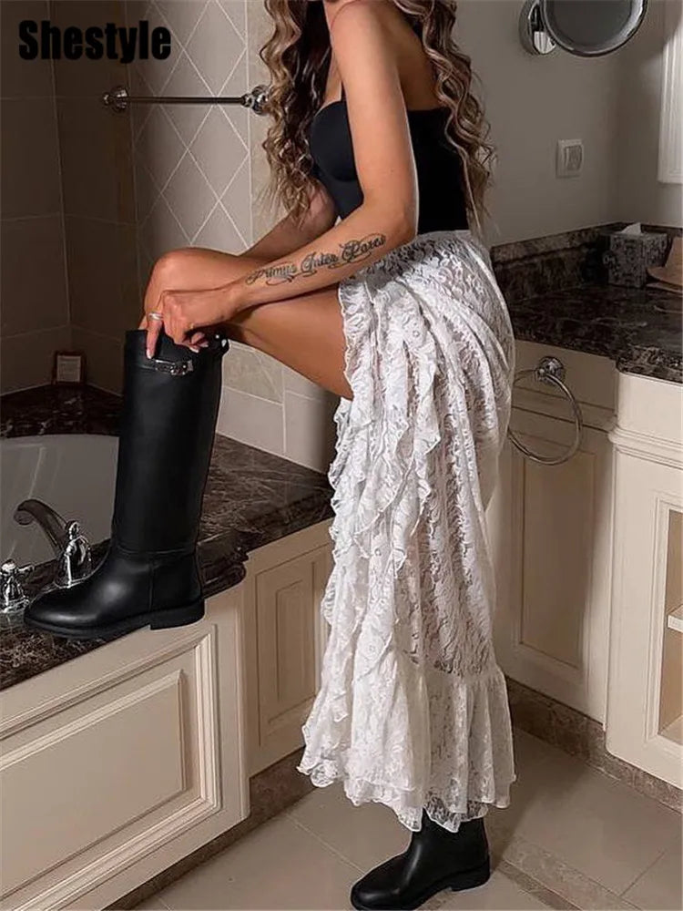 Long lace skirt for women – asymmetrical, split, and elegant