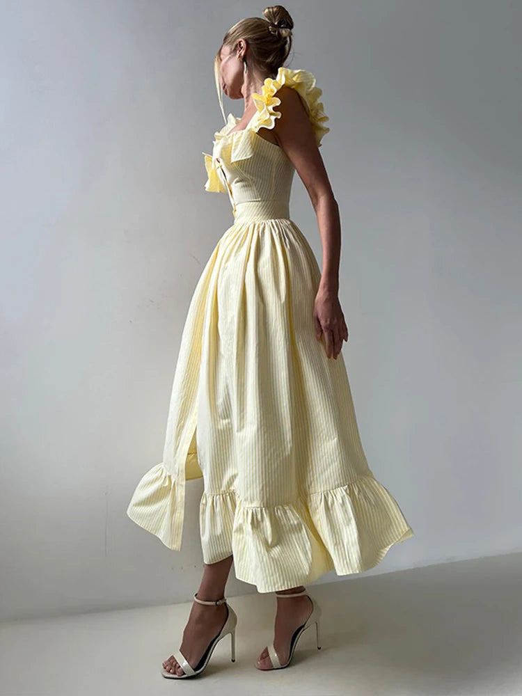 Elegant dress with flounced hem, square neckline, and flounced sleeves for women