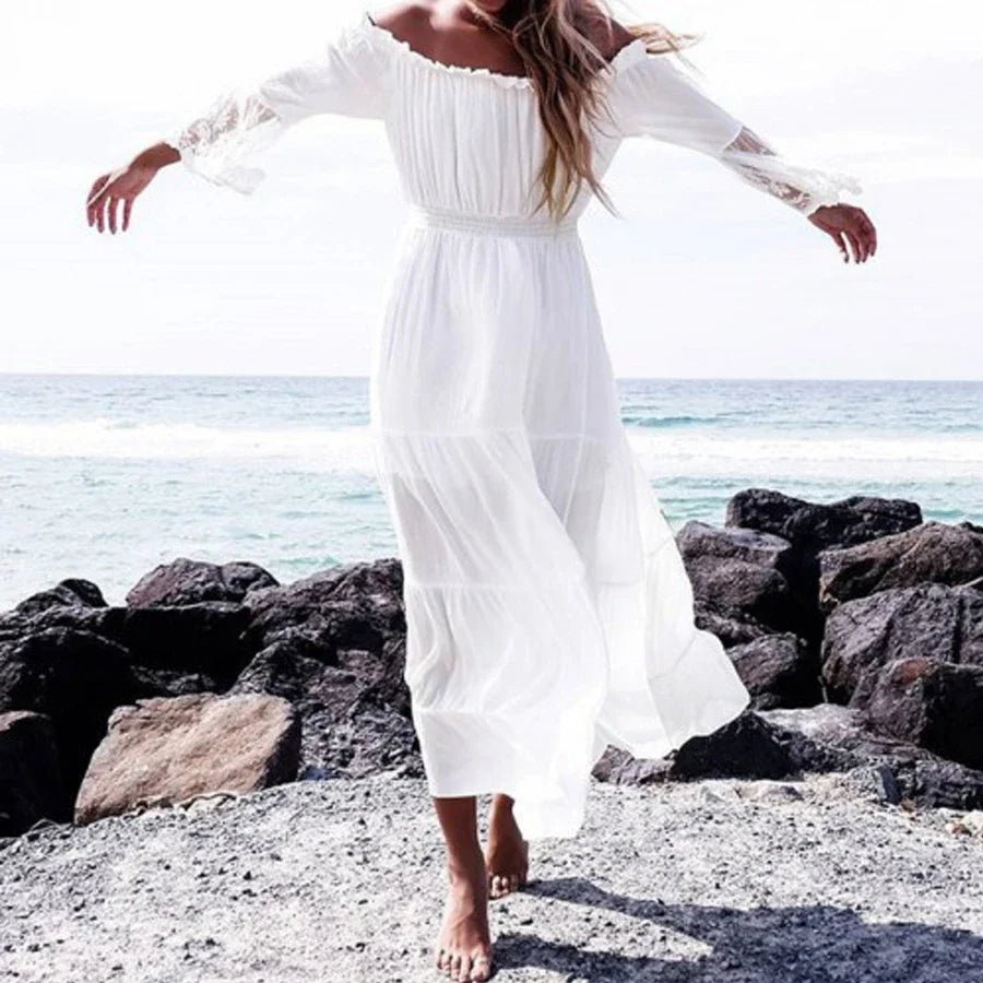 Robe longue d'été à manches évasées et épaules dénudées - Style bohème chic pour femme
