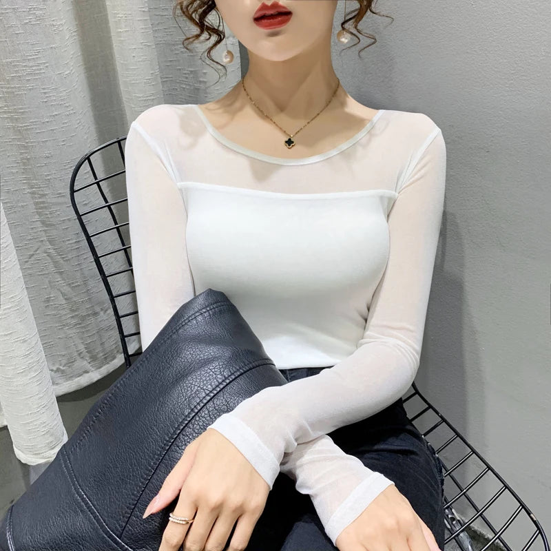 Slim round neck top in transparent mesh for women – chic long sleeves