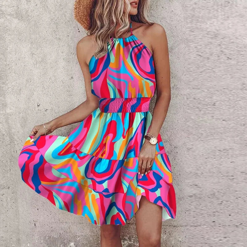 Mini robe dos nu fluide style bohème avec motif coloré et coupe confortable