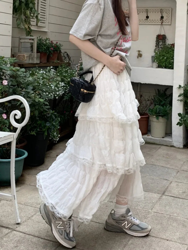 Long gothic skirt with layered lace ruffles - high waist and gathered