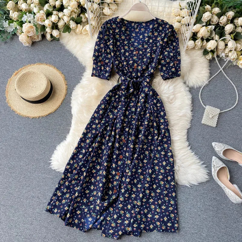Midi floral dress with V-neck, puff sleeves and belt for women