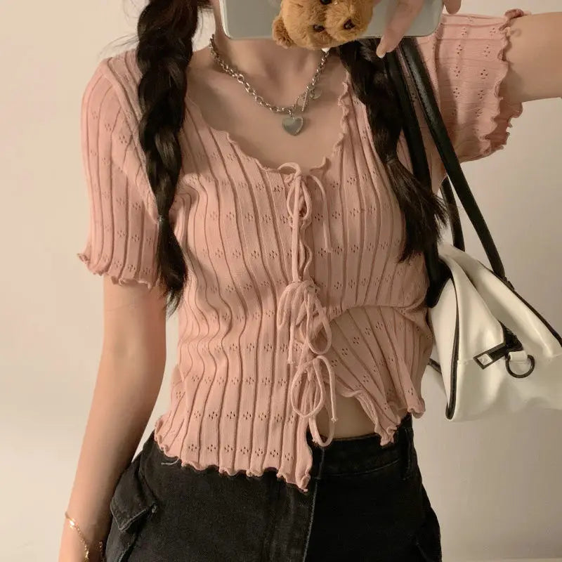 Knitted top Coquette V-neck with ribbed bandage and short sleeves