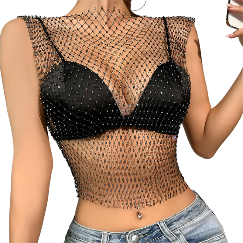 Sleeveless transparent mesh top decorated with rhinestones for women