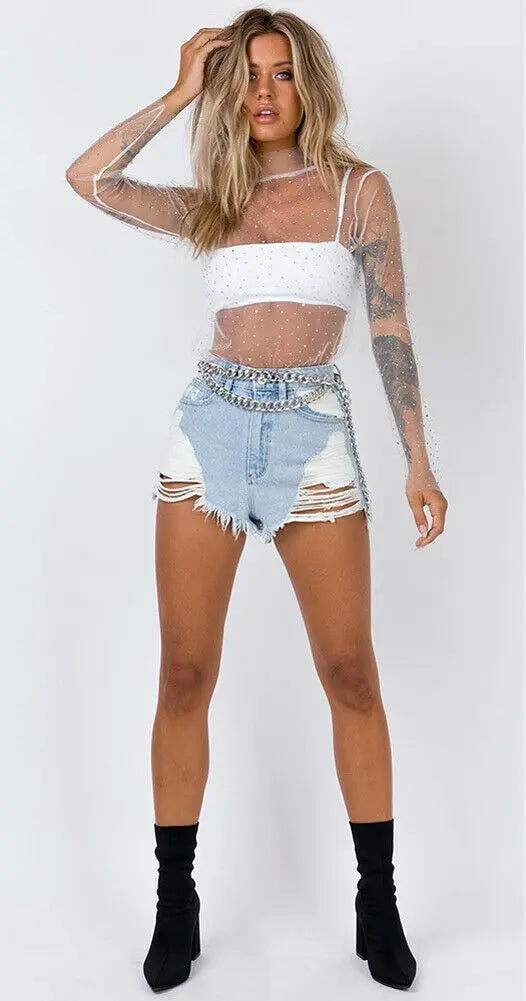 Trendy short transparent mesh sequin top for women