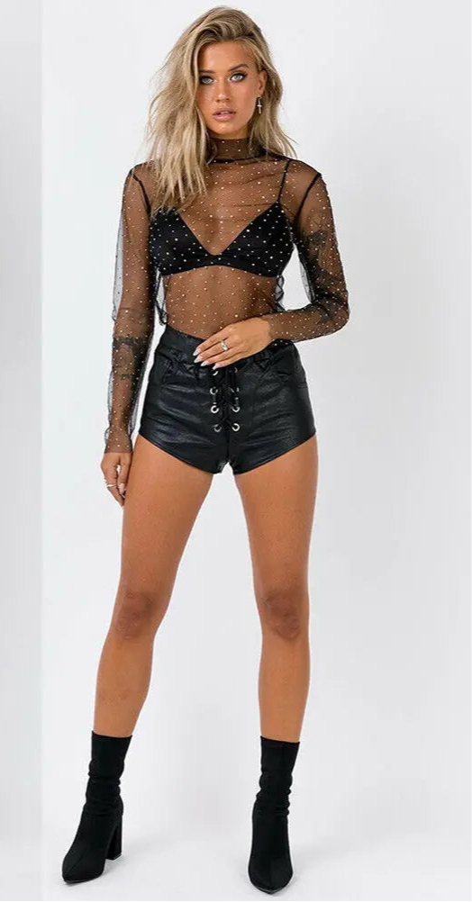 Trendy short transparent mesh sequin top for women