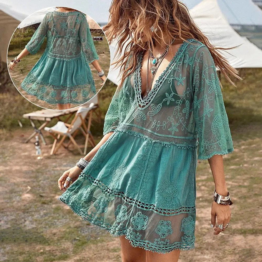 Bohemian beach swimsuit cover-up dress in mesh and lace for women