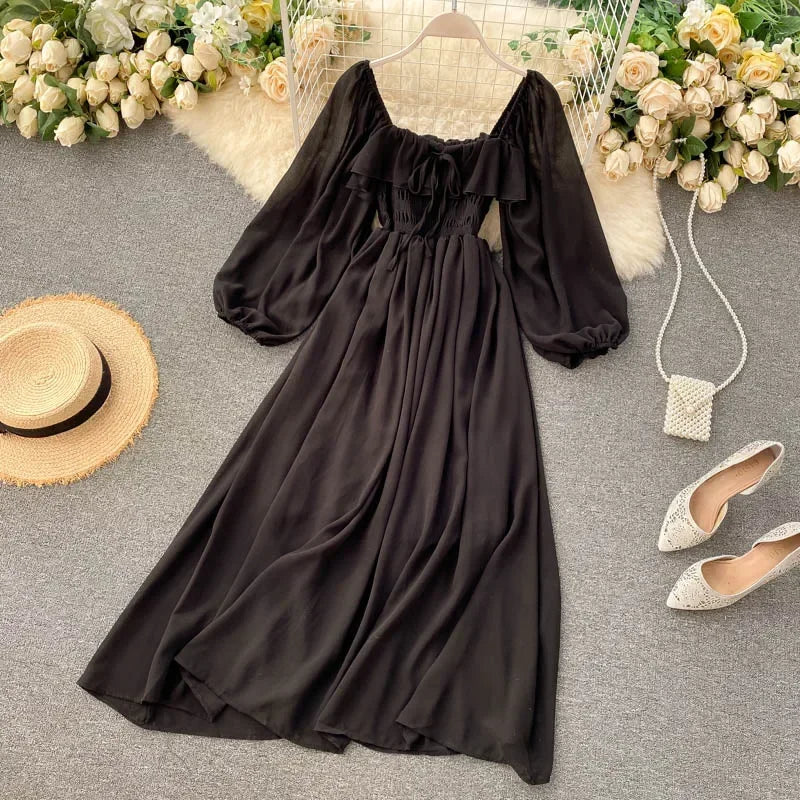 Fluid maxi dress with flounced hem, square neckline & balloon sleeves for women