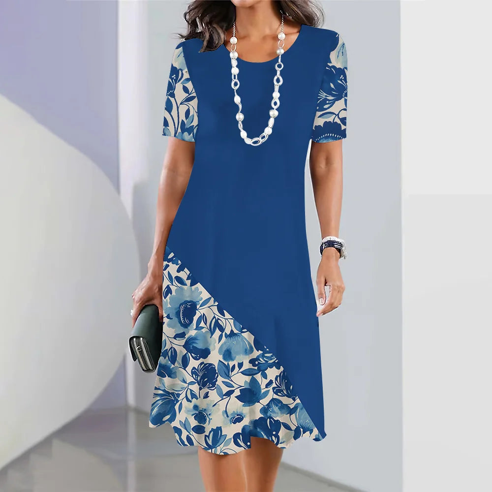 Floral midi dress with short sleeves, loose and elegant for women