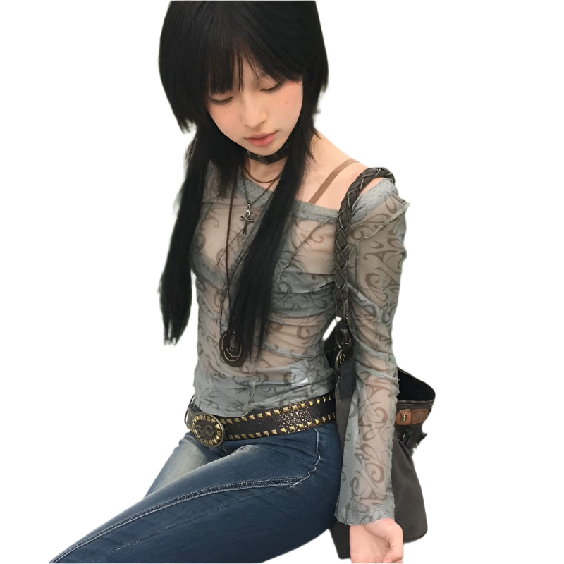 Vintage transparent mesh top for women – slim long sleeves