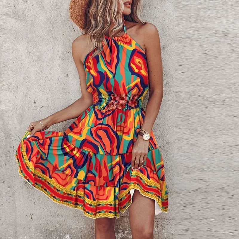 Mini robe dos nu fluide style bohème avec motif coloré et coupe confortable
