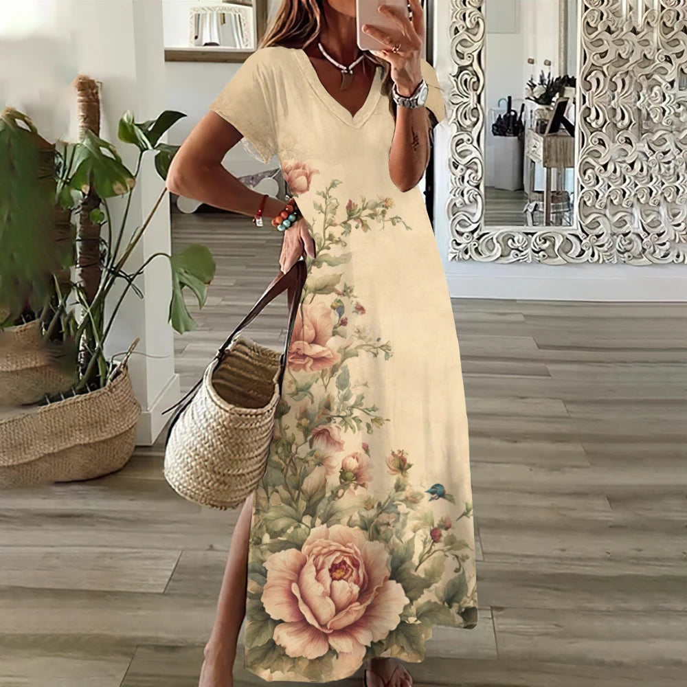 Floral midi dress with V-neck, short sleeves, loose fit for women