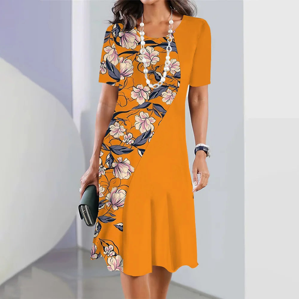 Floral midi dress with short sleeves, loose and elegant for women