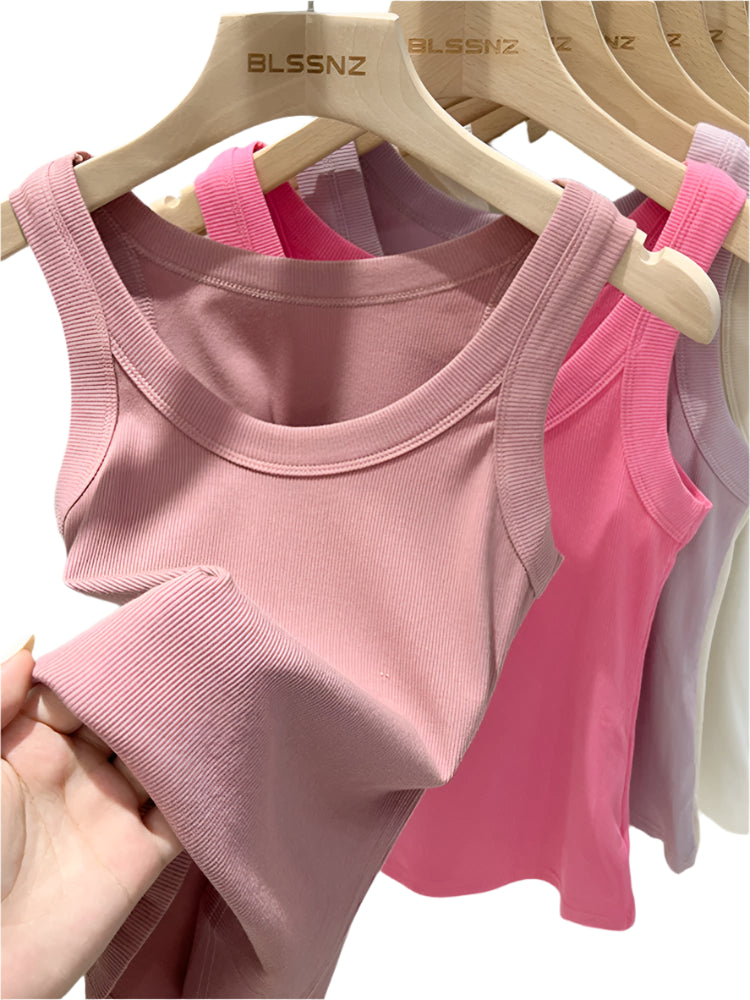 Elastic ribbed knit sleeveless round neck tank tops for women