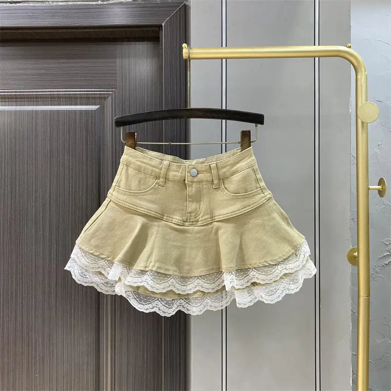 Mini-plisseret retro jeansnederdel til kvinder - Puffet nederdel med blonder
