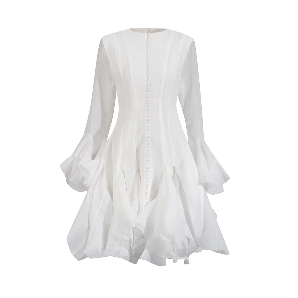 Chic flounced hem dress with long sleeves and round collar for women