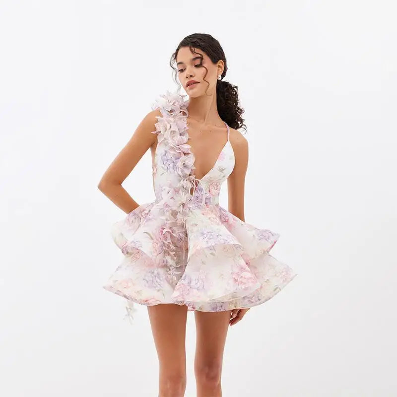 Mini halter backless dress with floral print, ruffles, and deep V-neck collar