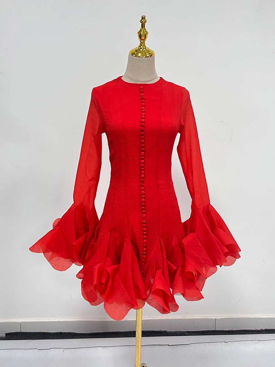 Chic flounced hem dress with long sleeves and round collar for women