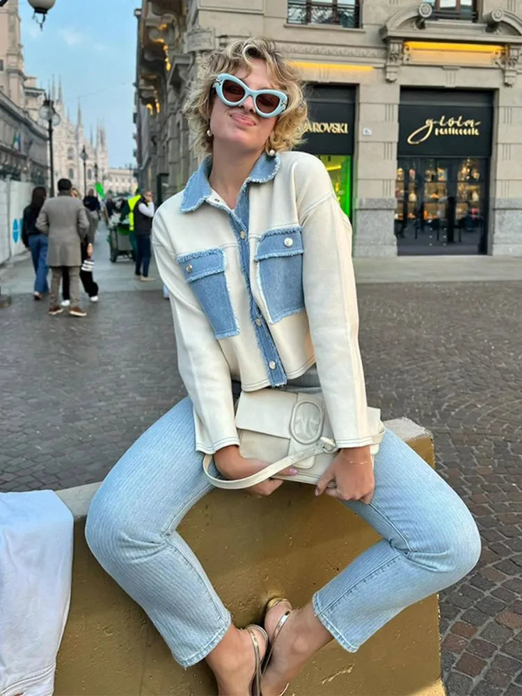 Veste patchwork en jean Y2K – Manteau court et décontracté pour femme