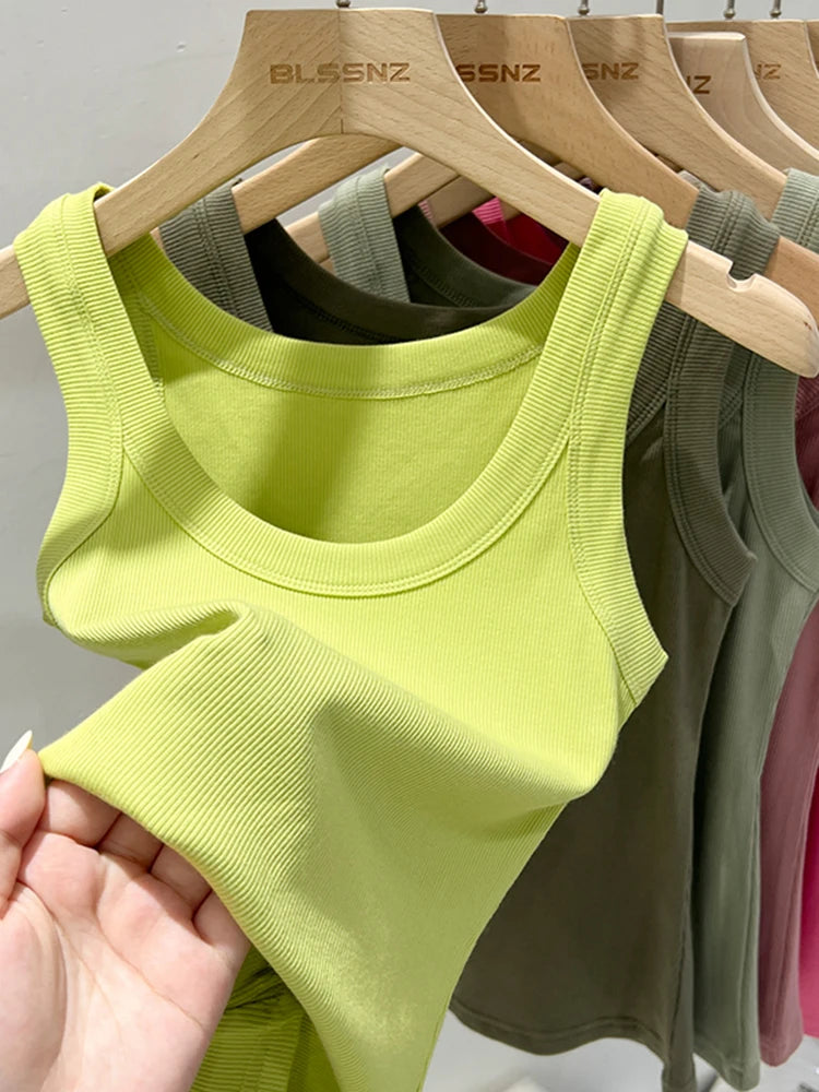 Elastic ribbed knit sleeveless round neck tank tops for women