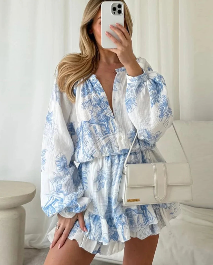 Fluid flounced hem dress with long sleeves high waist for women