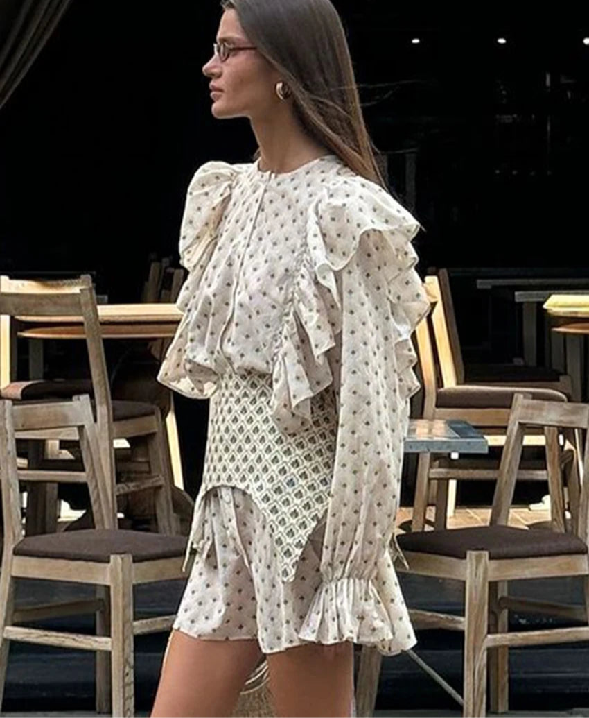 Printed flounced hem dress with elegant style belt for women
