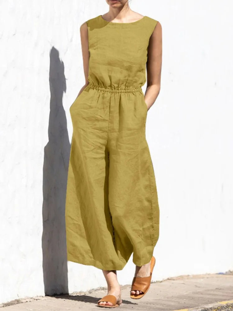 Combinaison en lin ample sans manches poches taille haute fluide