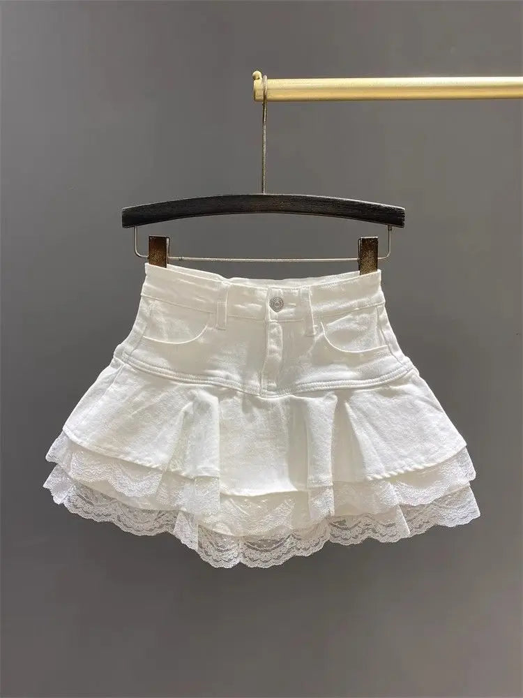Mini-plisseret retro jeansnederdel til kvinder - Puffet nederdel med blonder