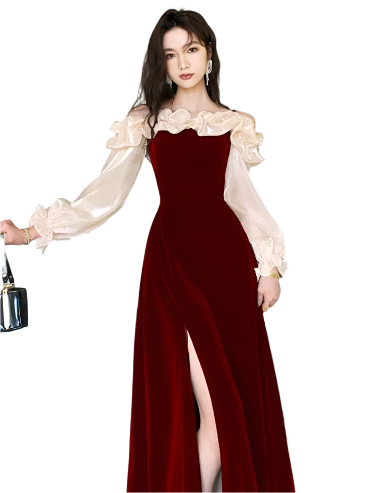 Elegant flounced hem dress with off-shoulder neckline & slit for women