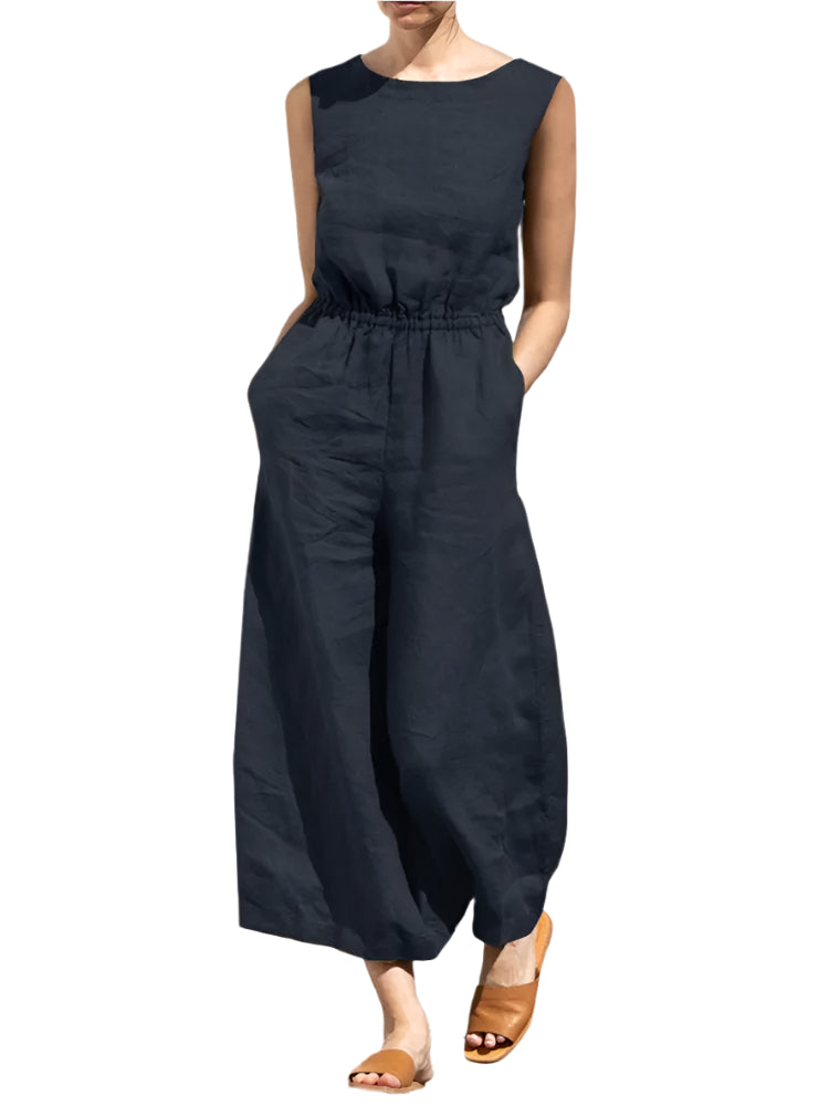 Combinaison en lin ample sans manches poches taille haute fluide