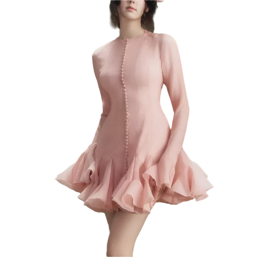 Chic flounced hem dress with long sleeves and round collar for women