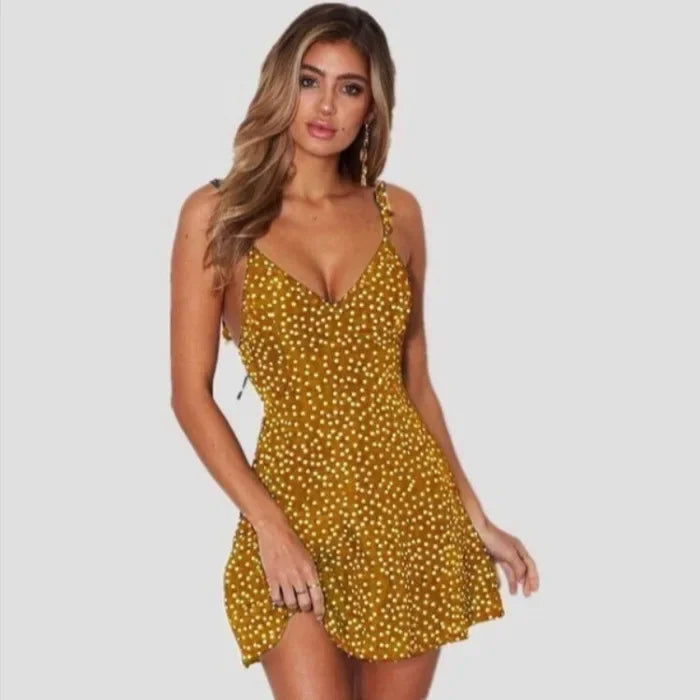Mini backless sleeveless polka dot dress with ruffle straps for women