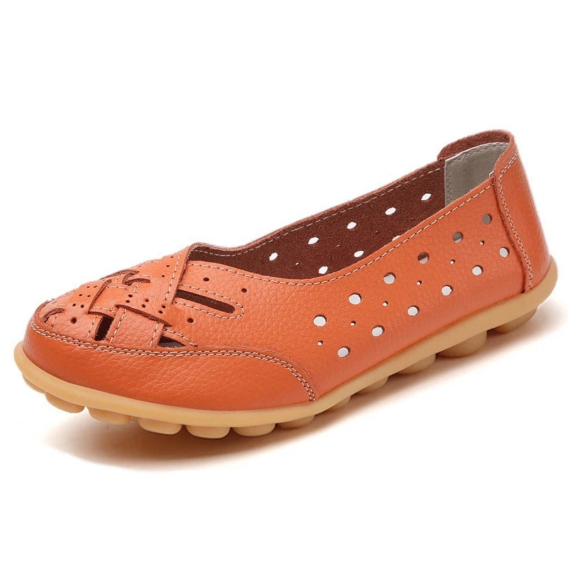Soft leather ballerinas with comfortable breathable hollow slip-on sole
