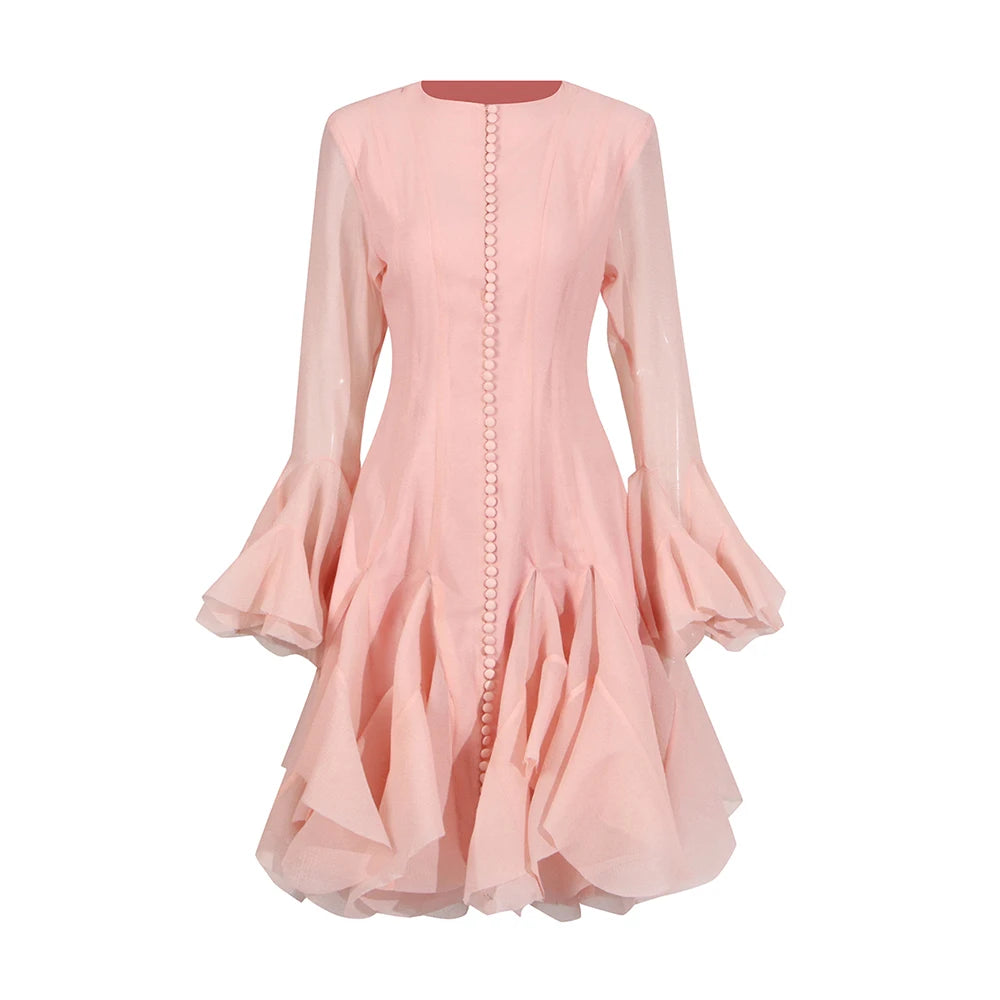 Chic flounced hem dress with long sleeves and round collar for women