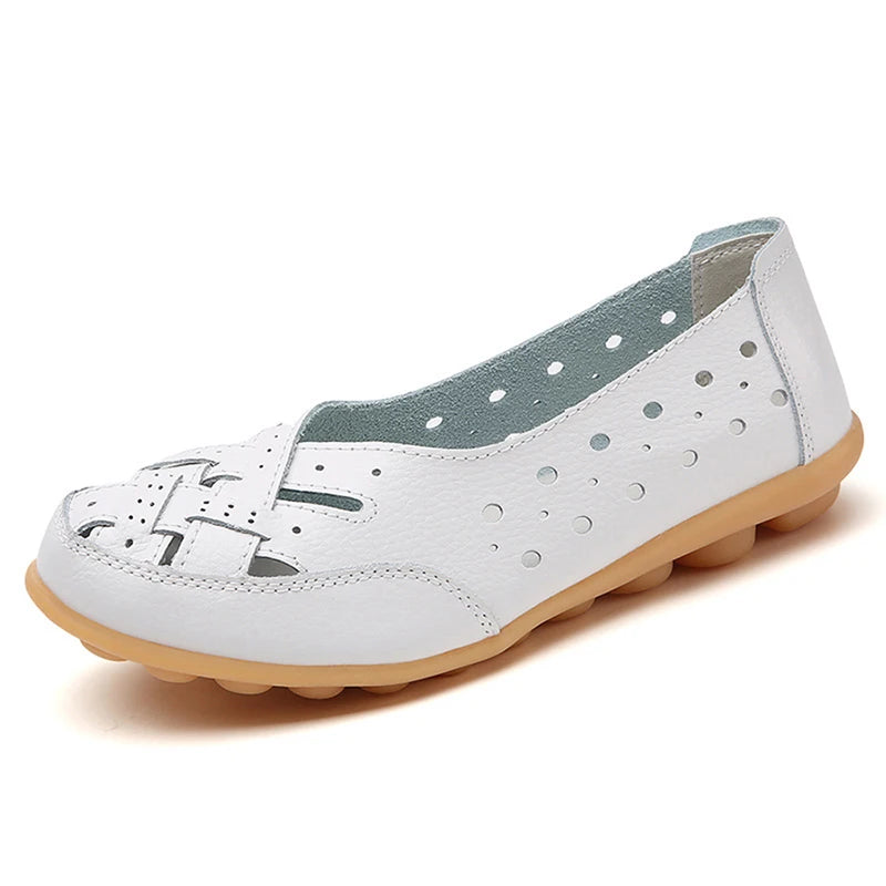 Soft leather ballerinas with comfortable breathable hollow slip-on sole