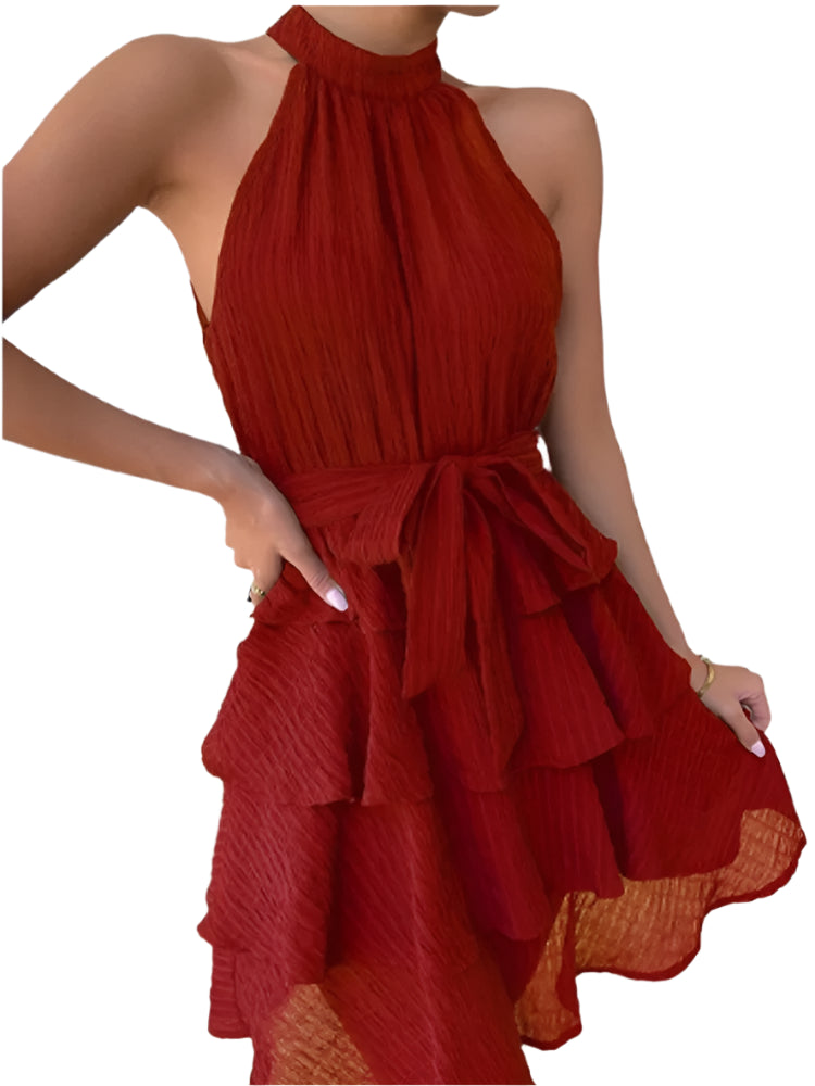 Chic women's dress with flounced hem, halter bustier, and layered ruffles