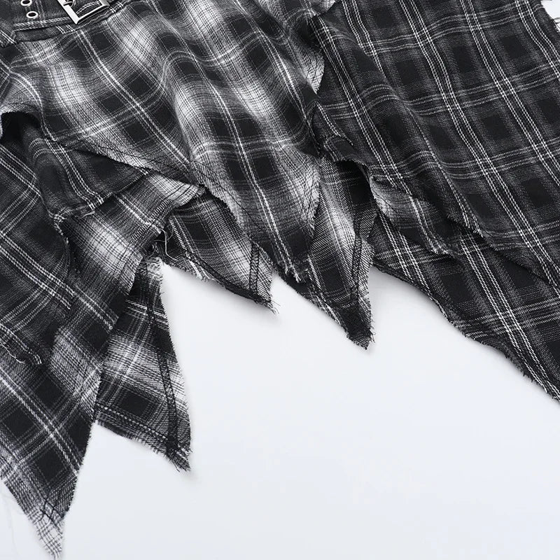 Asymmetric plaid wrap skirt punk streetwear style for women