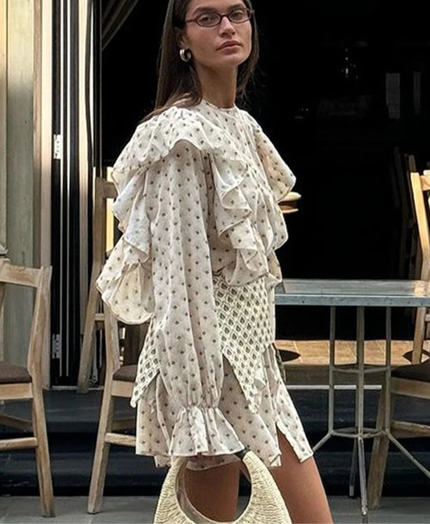 Printed flounced hem dress with elegant style belt for women