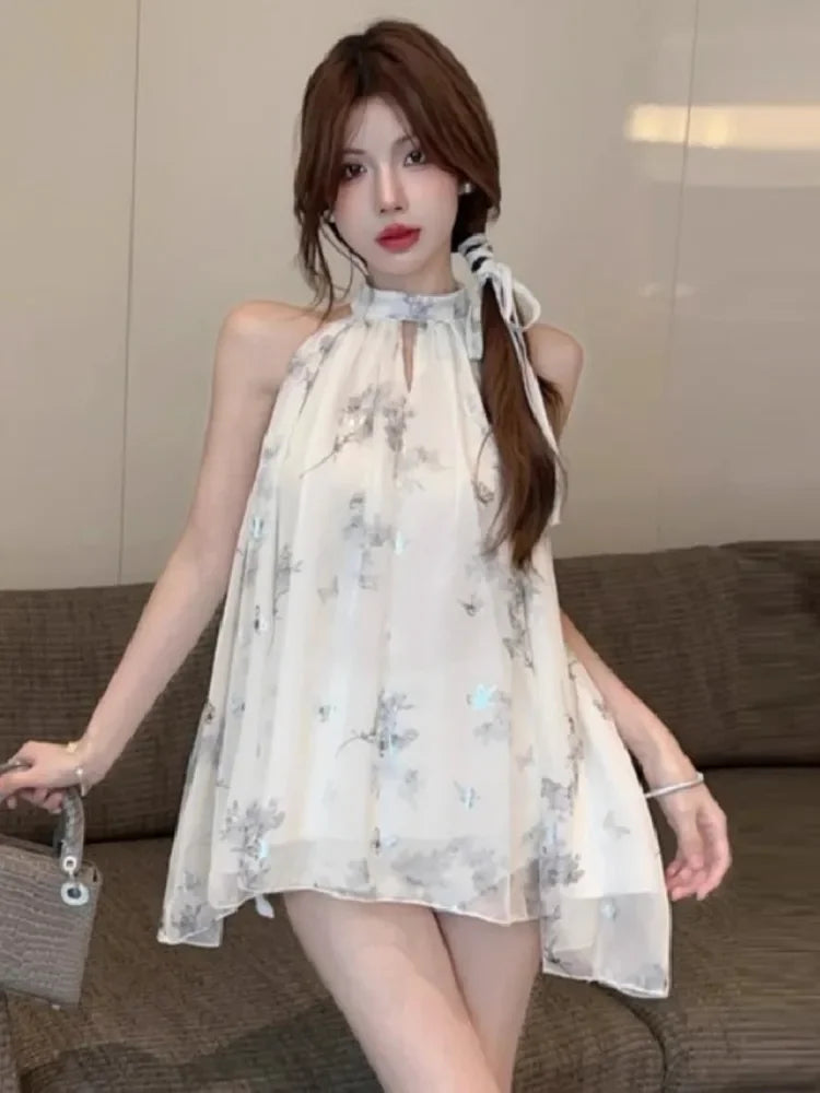 Mini backless ruffled dress for women, summer floral pattern - elegant summer style