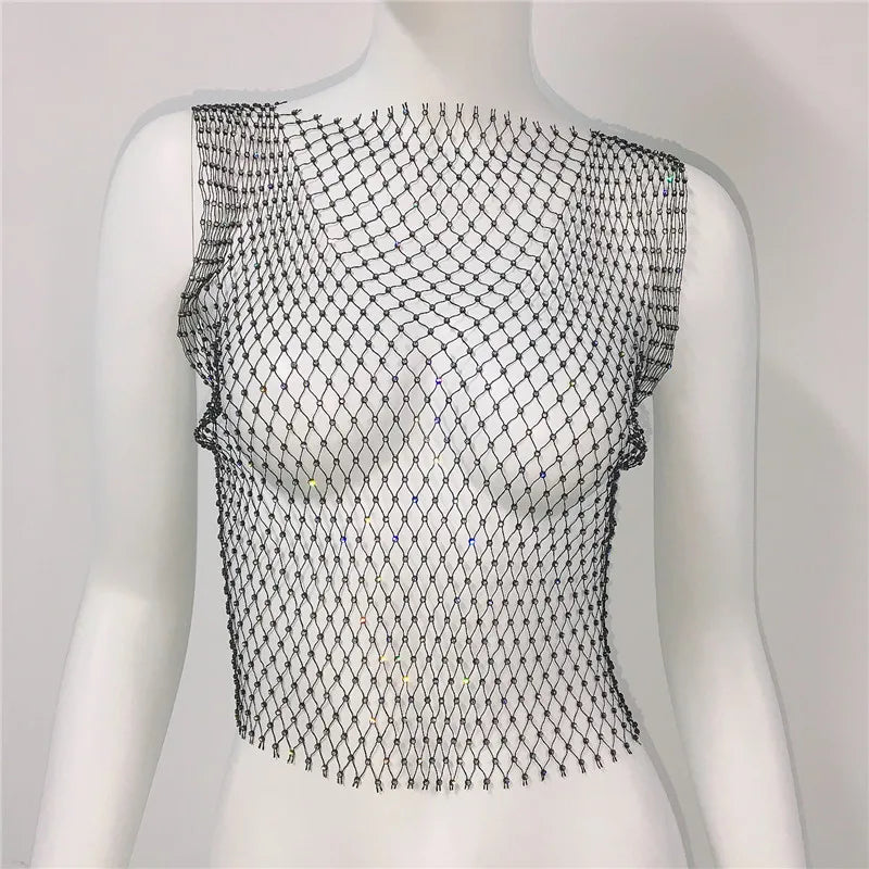 Sleeveless transparent mesh top decorated with rhinestones for women