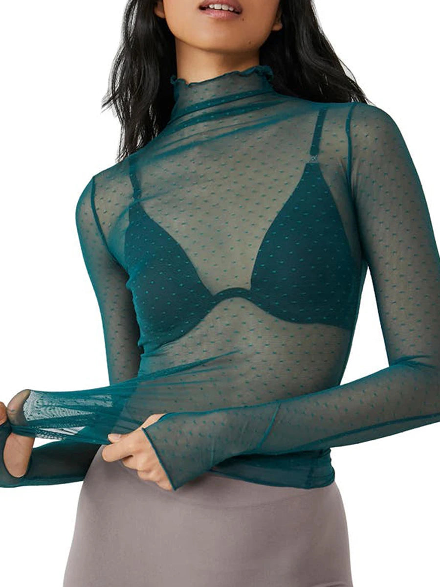 Transparent mesh top with high collar for women – long short sleeves