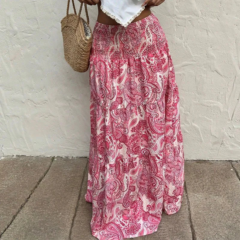 Long skirt bohemian style with paisley print - High waist elastic smocked
