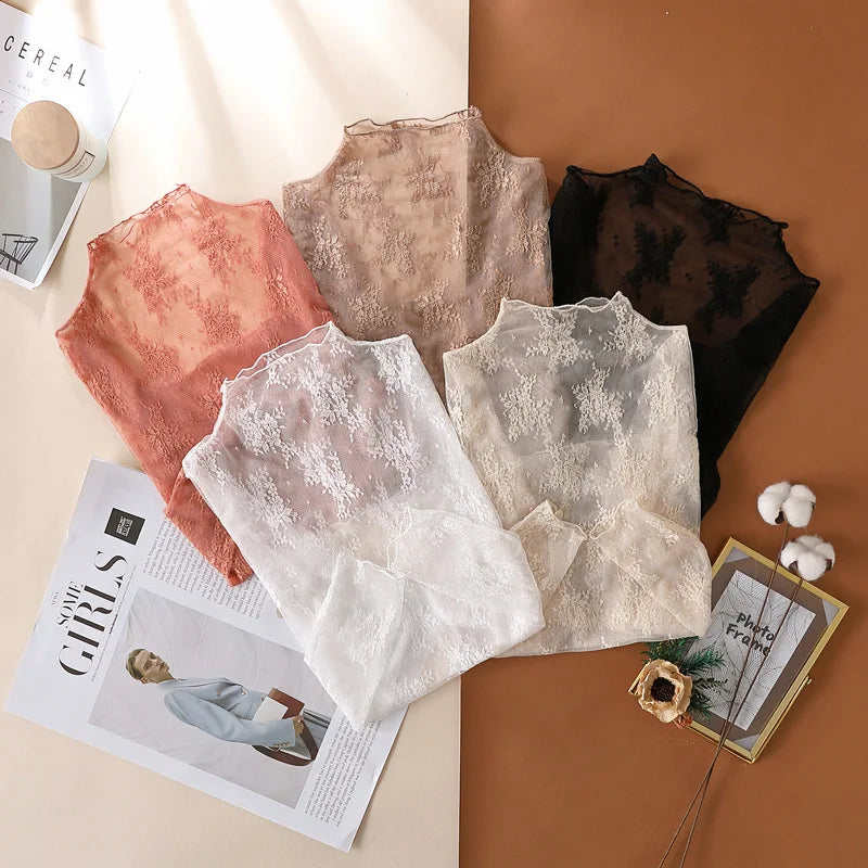 Transparent mesh top with long floral lace sleeves for women