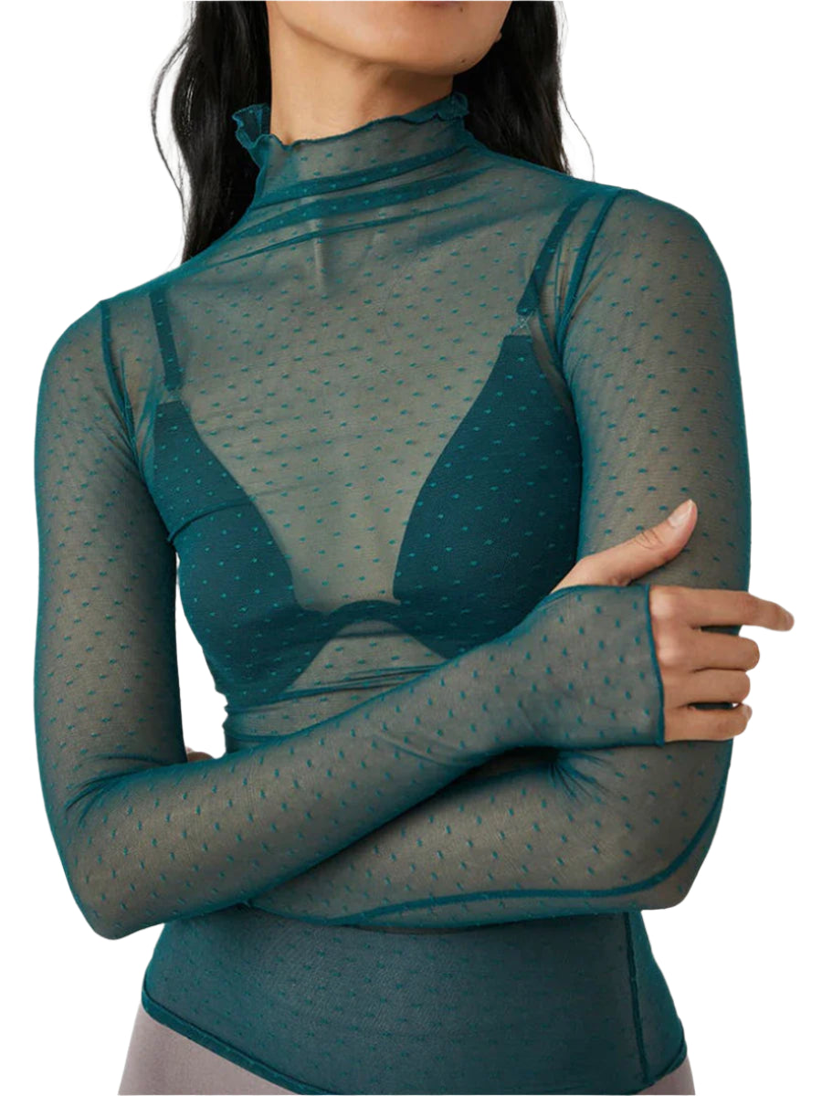 Transparent mesh top with high collar for women – long short sleeves