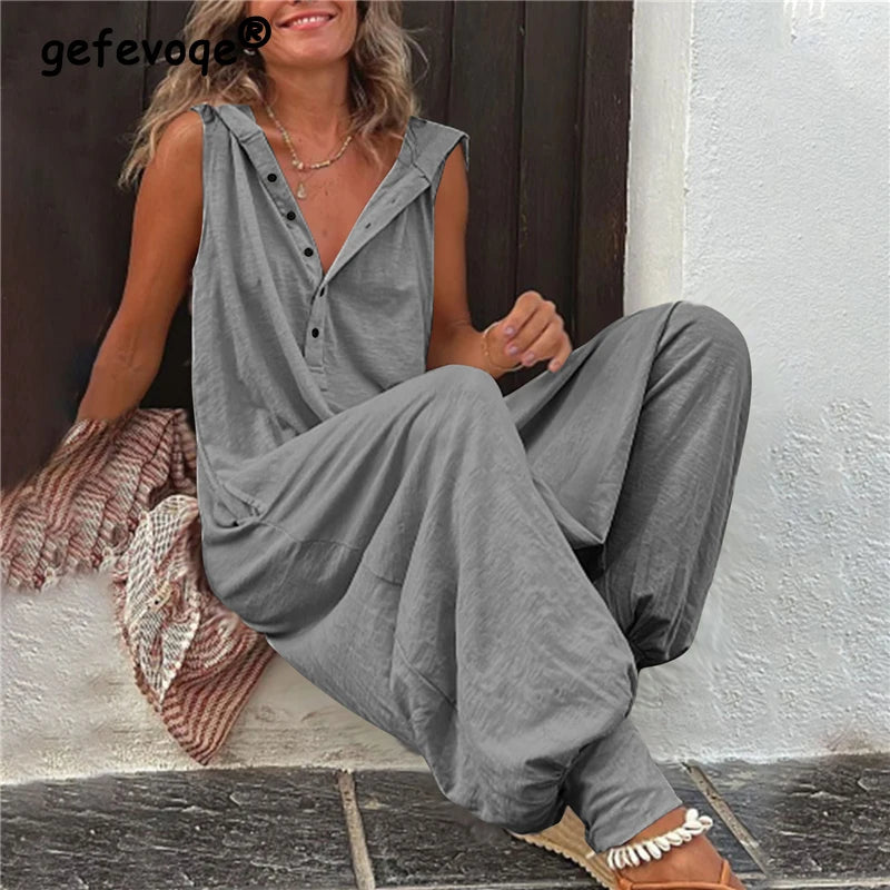 Combinaison en lin ample streetwear vintage avec capuche et poches