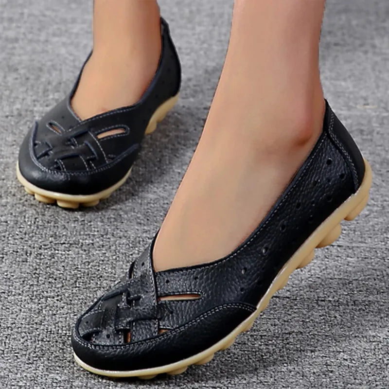 Soft leather ballerinas with comfortable breathable hollow slip-on sole