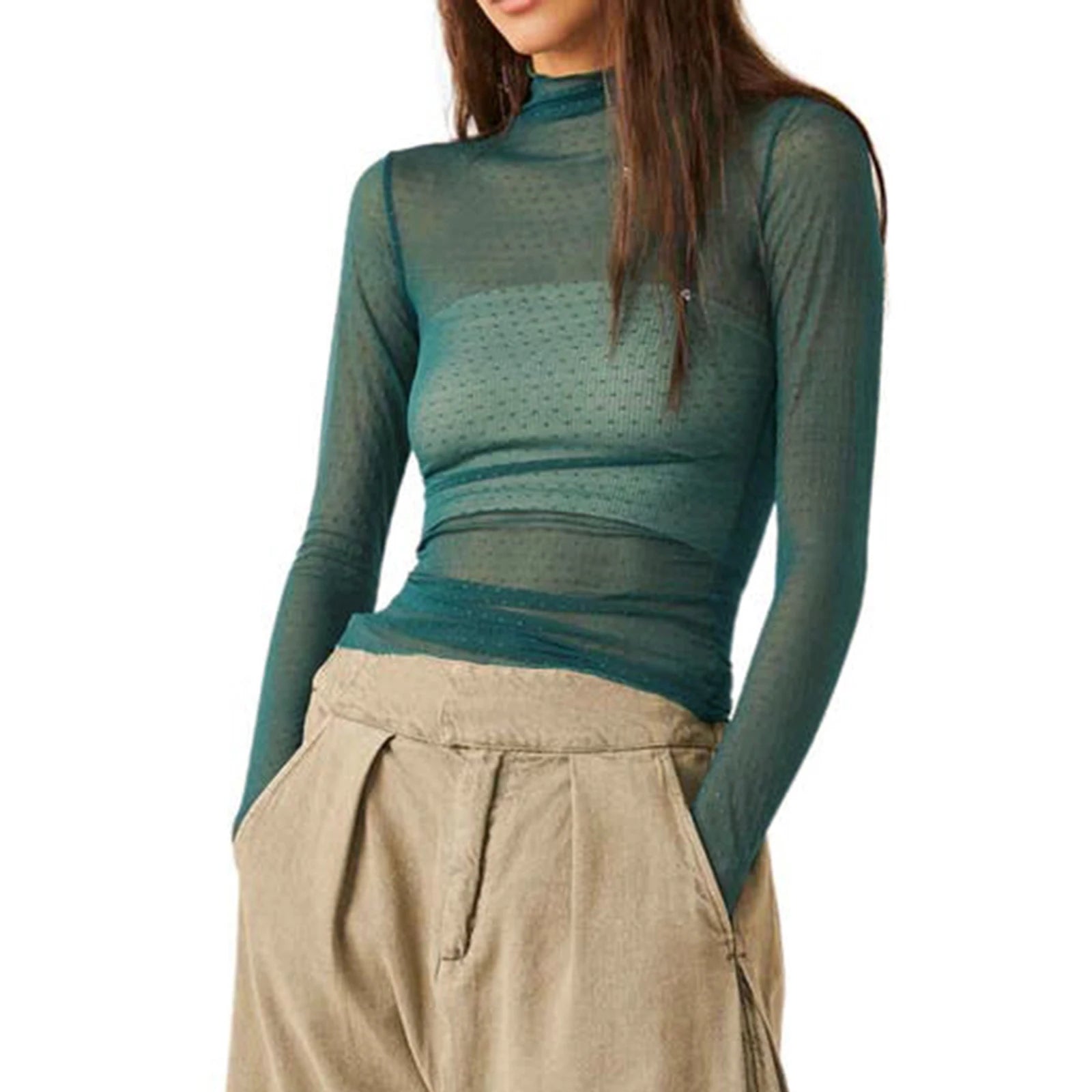 Transparent mesh top with high collar for women – long short sleeves
